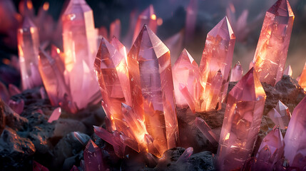 Pink crystal formations with intricate facets - obrazy, fototapety, plakaty