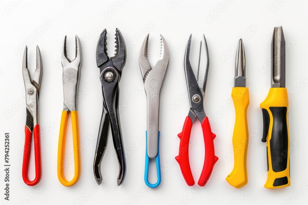 Poster various colored pliers arranged neatly on a white background. perfect for diy projects or tool-theme