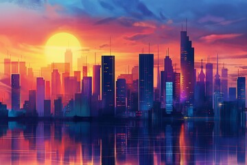 vibrant city skyline at sunset