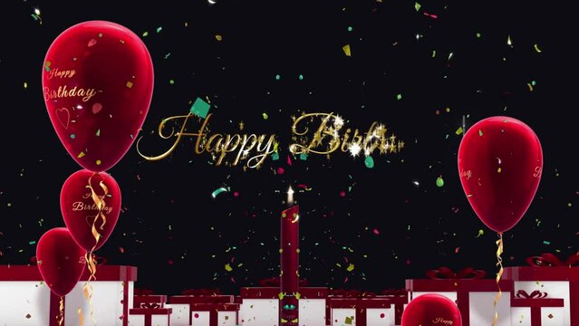 Luxury happy birthday card with red balloons and gifts