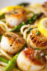 Delicious pasta dish with fresh scallops and asparagus, perfect for restaurant menus or food blogs