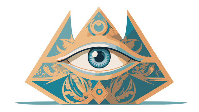 All seeing eye, illuminati symbol in blue triangle with gold ornaments, isolated on a white background, vector illustration.