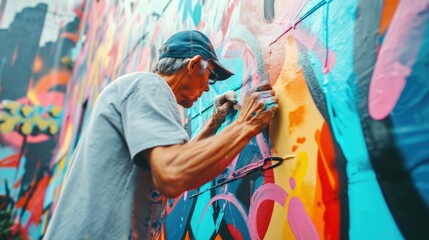 An artist painting a mural on an urban wall, colorful street art, creative expression in a city environment. Resplendent. - obrazy, fototapety, plakaty