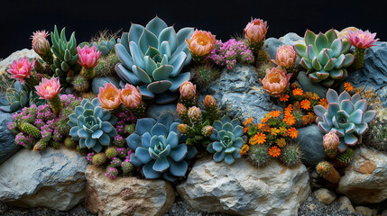 12. Cactus Mosaic: In a kaleidoscope of colors and textures, a diverse array of cacti species come together to form a living mosaic of desert life, with spiny arms reaching skyward - obrazy, fototapety, plakaty