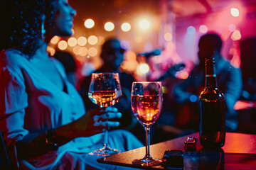 Evening of jazz and wine: Couple relaxes at a music festival with soft lighting and live performance