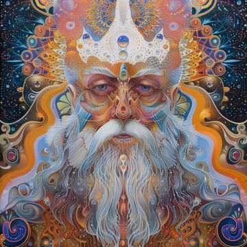 An illustration of an old man with a long white beard and mustache, wearing a golden crown with blue and white gems. The background is filled with colorful abstract patterns.
