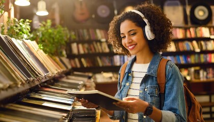 Young woman browsing records in a music store - Powered by Adobe