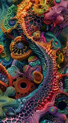 A highly detailed and colorful 3D rendering of an alien structure made of strange glowing coral-like material