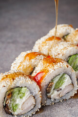 delicious fresh sushi roll philadelphia cheese with chicken cucumber and avocado