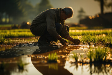 A working man is engaged in growing rice in a field in water