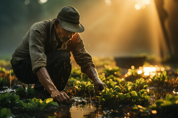 A working man is engaged in growing rice in a field in water - obrazy, fototapety, plakaty