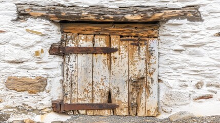   A tight shot of an antique wooden door against a stone wall, complete with an aged door handle exterior