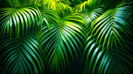 A lush green forest with palm trees and leaves. Concept of tranquility and natural beauty