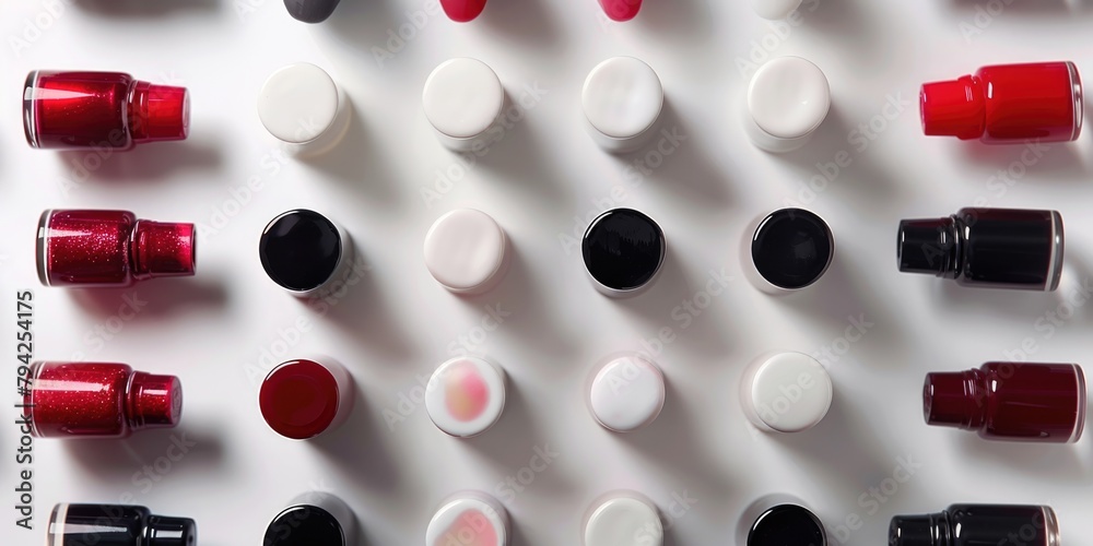 Aufkleber various red and black bottles displayed on a white table. suitable for product showcase