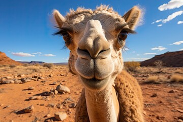 Camel looking at camera, cute and funny camel portrait. - obrazy, fototapety, plakaty