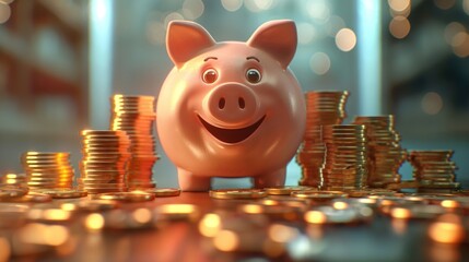 Piggy bank surrounded by stacks of coins with a bokeh background. Conceptual image for financial savings, investment, and wealth management. - obrazy, fototapety, plakaty