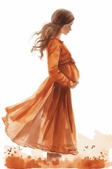 Illustration of a pregnant woman profile in autumn tones. Concept for motherhood, pregnancy, and maternity themes in design. - obrazy, fototapety, plakaty