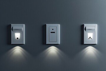 Three electrical outlets on a gray wall. Suitable for home improvement projects