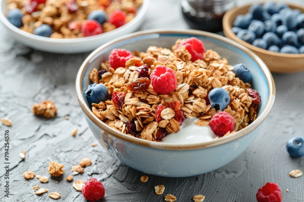 Sticker A delicious bowl of granola topped with fresh berries and creamy yogurt. Perfect for promoting a healthy lifestyle