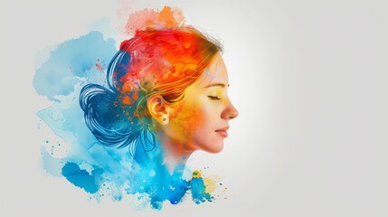 Profile young woman multicolor watercolor splashes creativity imagination white
