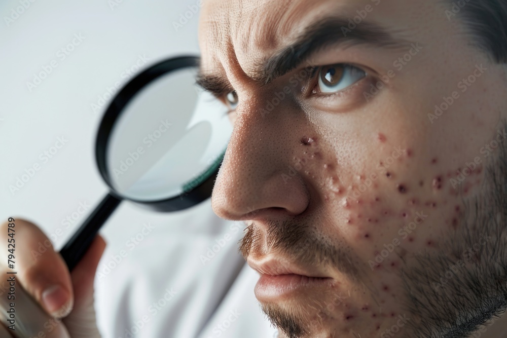 Poster Close-up of a man examining something with a magnifying glass. Suitable for scientific or detective themes
