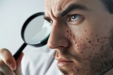 Close-up of a man examining something with a magnifying glass. Suitable for scientific or detective themes