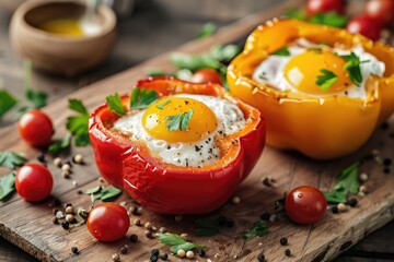 Fresh peppers and eggs on a wooden cutting board, perfect for food blogs or recipes - Powered by Adobe