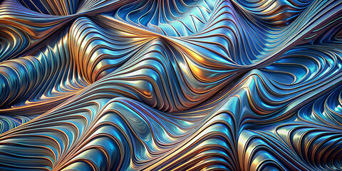 Abstract blue and golden hues swirl together, creating a dynamic, wavy pattern that elicits a sense of movement. The metallic sheen and smooth undulations suggest an almost liquid metal appearance.AI  - obrazy, fototapety, plakaty