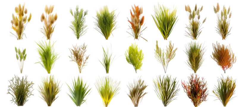 Matrix of sedges displaying various textures and colors, arranged in a geometric grid pattern for a botanical exhibit, isolated on transparent background