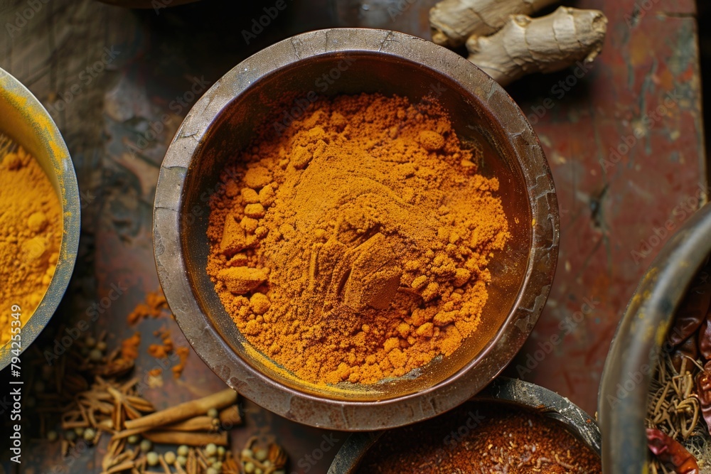 Poster Table with various spice-filled bowls, perfect for culinary concepts