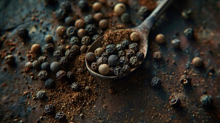 A spoonful of black pepper seeds on a wooden table. Suitable for culinary concepts