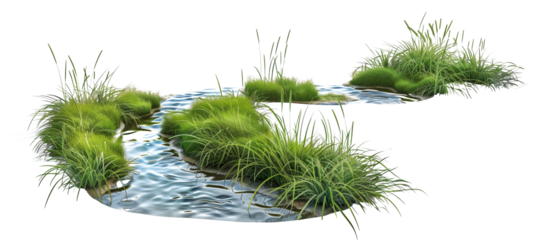 Flowing river of bluegrass mimicking water movement through a serene garden setting, providing a calming visual flow, isolated on transparent background