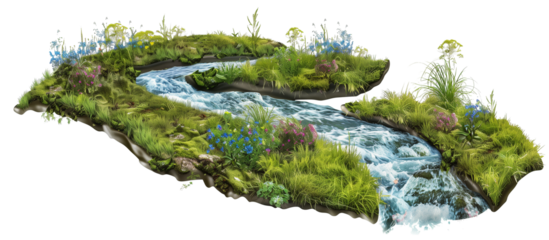 Flowing river of bluegrass mimicking water movement through a serene garden setting, providing a calming visual flow, isolated on transparent background