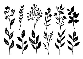 Vector collection of simple black hand drawn vector leaves and floral elements for design on a white background, Generative AI - obrazy, fototapety, plakaty
