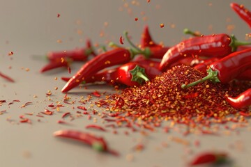A pile of red chili peppers next to a pile of red pepper flakes. Perfect for food and spice related projects