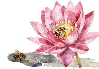 a watercolor painting of a pink flower with a bee on it