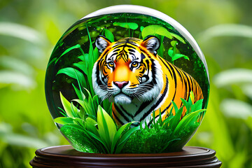 Glass globe with a tiger inside, Earth Day or World Tiger Day concept. Save our planet, protect green nature and endangered species. - obrazy, fototapety, plakaty