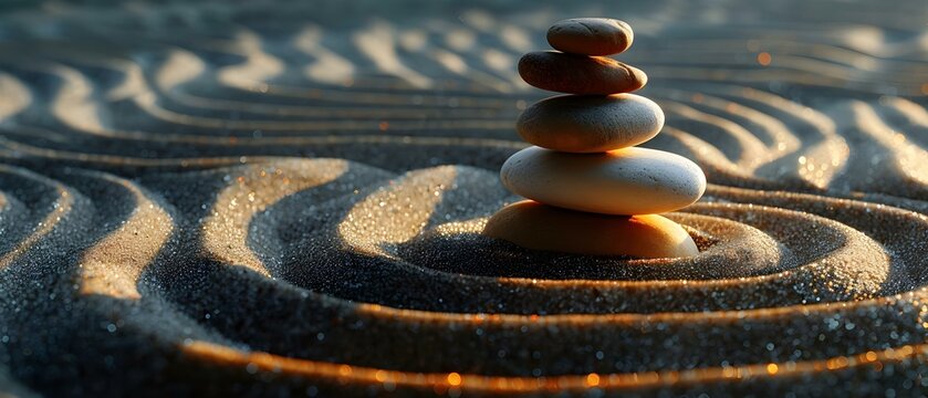 Arrangement of Rocks Stacked in Wave Pattern on Sandy Raked Surface Takes Center Stage in Image. Concept Photography, Nature, Rock Art, Harmony, Balance