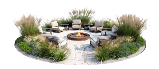 Circle of various grasses surrounding a central fire pit area, enhancing the cozy and communal gathering space, isolated on transparent background