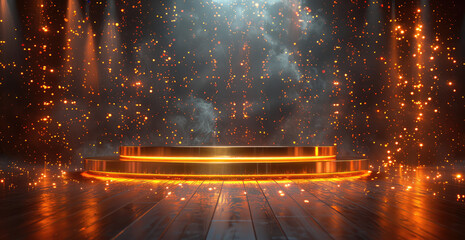 An empty stage with golden light, surrounded by dark background and particles of sparks flying in the air. Created with Ai