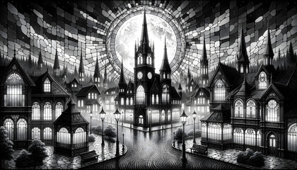 B&W Stained glass Victorian town