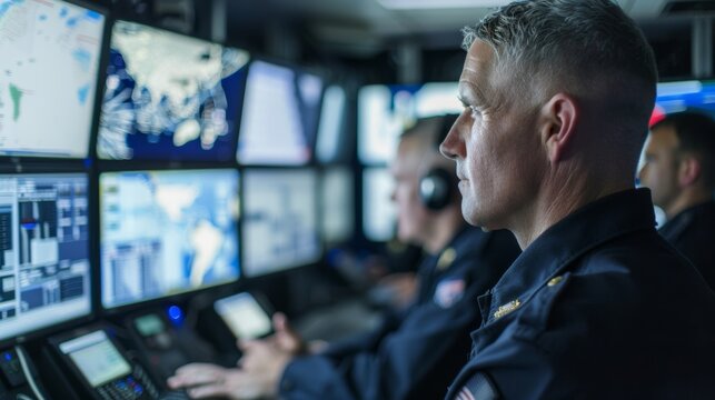 A team of officers from various agencies collaborating and sharing information in a joint maritime intelligence center demonstrating the importance of communication .
