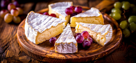 traditional french brie or camembert cheese on a wooden board