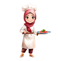 Cute Adorable Islamic Hijab Chef With Presenting a Dish Pose Isolated Transparent Illustration