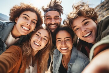 Diverse friends smiling in a group selfie outdoors