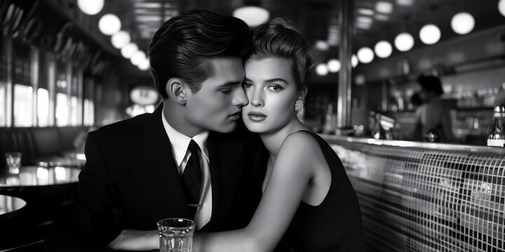 Romantic couple embracing at retro diner, black and white aesthetic - Powered by Adobe