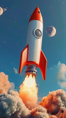 A rocket is flying through the sky with a planet and a moon in the background. The rocket is red and white