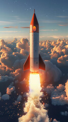 A rocket is flying through the sky with a bright orange flame coming out of the back. The sky is filled with clouds, giving the scene a dreamy and ethereal feel