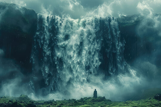  A dark fantasy movie still of an elven man standing at the edge of a massive waterfall. Created with Ai