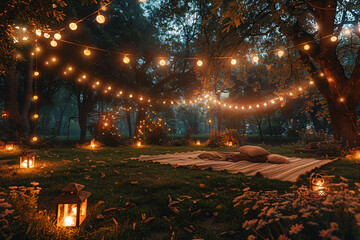 Obraz premium Romantic Starry Night: Couple Relaxes in a Garden Lit by Fairy Lights